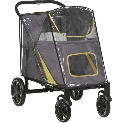 Image of PawHut One Click Foldable Pet Travel Stroller with Rain Cover, Cat Dog Pushchair Universal Front Wheels, Shock Absorber, Storage Bags, Mesh Window, Safety Leash for Large and Medium Dogs (Grey)