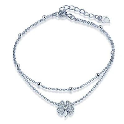 Image of Yumilok 925 Sterling Silver Simple Design Cubic Zirconia Four Leaf Clover Double Link Anklets for Women