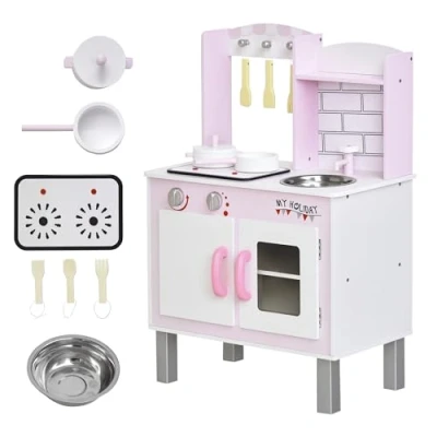 Image of HOMCOM Kids Kitchen Play Set Wooden Pretend Toy w/Sounds Utensils Pans Storage Child Role Accessories for 3 Years+ Pink