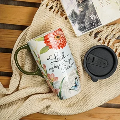 Image of DUSVALLY Ceramic Coffee Mug with Lid Porcelain Cup Box Latte Mug, 17oz. Butterfly and Flower
