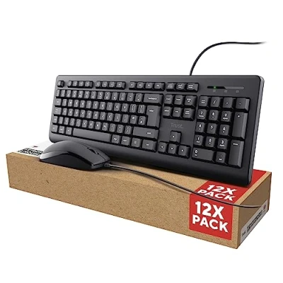 Image of Trust Taro 12 Pack 12x Wired Keyboard and Mouse Set Qwerty UK Layout, Full Size Keyboard, Spill Resistant, 1.8 m Cable, USB Plug Play, Quiet Combo for PC Laptop Black