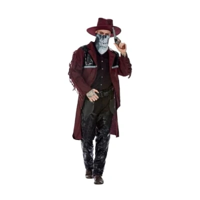 Image of Smiffys Deluxe Dark Spirit Western Cowboy Costume, Burgundy, Jacket, Chaps, Holster, Hat &amp; Mask, Halloween Adult Fancy Dress, Dress Up Costumes