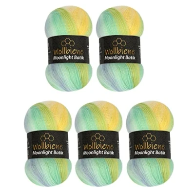 Image of Wollbiene Moonlight Batik 5 x 100 g Knitting Wool 500 for and Crocheting 20% Turkish Gradient (3070 Yellow Turquoise Blue)