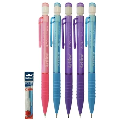 Image of artline Auto Mechanical Pencils Set, Lead Size (0.7mm), Pack of 5, Click Once, Mechanism, Built in Eraser, Ideal for Write Draw Sketch Draft