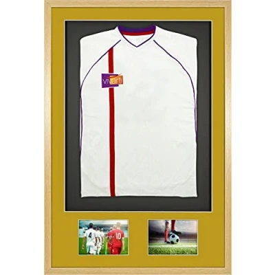 Image of Vivarti DIY Adult 3D Mounted + Double Aperture Sports Shirt Display Frame for Football Shirt, Rugby Band T Shadow Box 61 x 91.5cm Oak Frame, Gold Mount, Black Backing Card