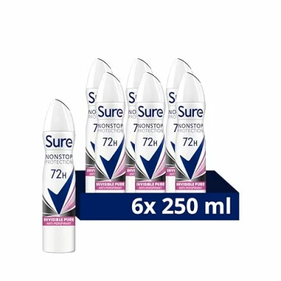 Image of Sure Nonstop protection Invisible Pure Anti Perspirant Deodorant with Body Heat Activated technology Spray for 72 hour odour and sweat 6x 250 ml