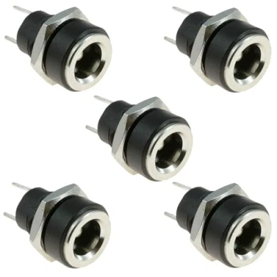 Image of DC 5,5 mm x 2,1 Power Jack Socket 2 Terminal Type Female Panel Mount Connector Black 5pcs 3A Charge Supply Plug Adapter Threaded Nut