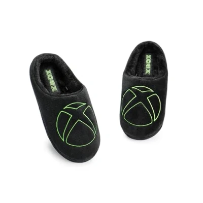 Image of Xbox Slippers for Men Adults Gaming Logo Slip On Mules in Black Velour Game Console Fur Lined House shoes with Rubber Sole Microsoft Gamer Indoor Bedroom Footwear Merchandise Gift