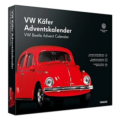 Image of FRANZIS 55255 VW Beetle Advent Calendar, Red, Metal Model Kit in Scale 1:43, Includes Sound Module and 52 Page Accompaniment Book