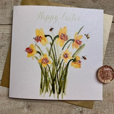 Image of WHITE COTTON CARDS DAFFODILLS EASTER CARD, HAND FINISHED (E24 2),16cm x 16cm