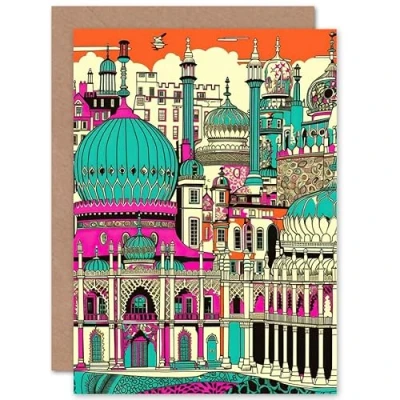 Image of Artery8 Brighton Royal Pavilion Palace Vibrant Linocut Travel Birthday Sealed Greeting Card Plus Envelope Blank inside
