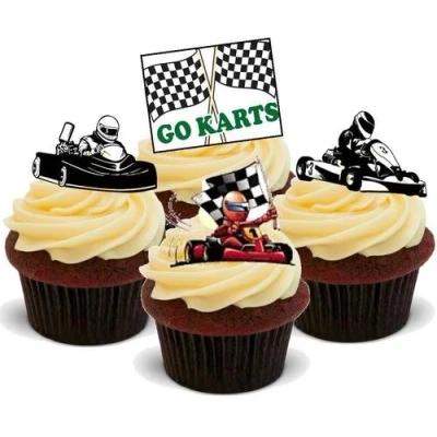 Image of Karting Mix 12 Edible Stand Up Premium Wafer Card Cake Toppers Decorations
