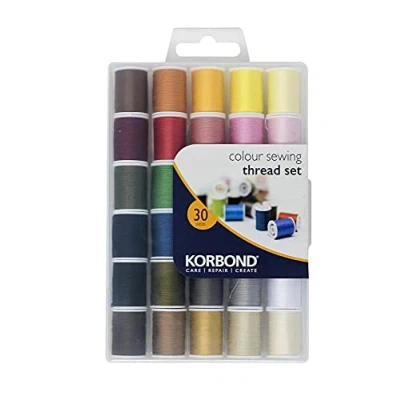 Image of Korbond All Purpose Thread Set 1350m Polyester Sewing 30 Colours x 45m Hand and Machine Crafting Includes Black for White