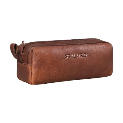 Image of STILORD &#039;Linus&#039; Pencil Case Leather Pen Pouch Office University College Women Men Stationary Vintage Leather, Colour:Porto Cognac