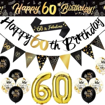 Image of 60th Birthday Decorations Kit, Black Gold Happy Banner, Triangle Flag Balloons, Confetti Strap, for Women Men 60 Party Supplies