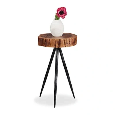Image of Relaxdays Side Table, Solid Mango Wood Log Slice, Metal Legs, Rustic Design, Tray, Natural, 50 cm Tall