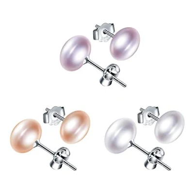 Image of Yumilok 3 Pairs Simulated Freshwater Pearl Stud Earrings Set in White, Pink, Purple Size 8mm