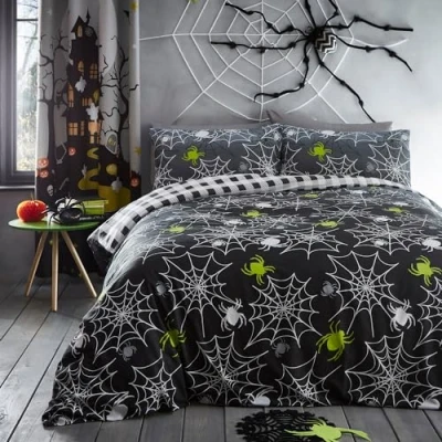 Image of Bedlam Halloween Spiders Duvet Cover Single Bedding Size (140 x 200cm) Reversible (2 Designs) Black Check Glow in the Dark Spider Webs Grey Decorations
