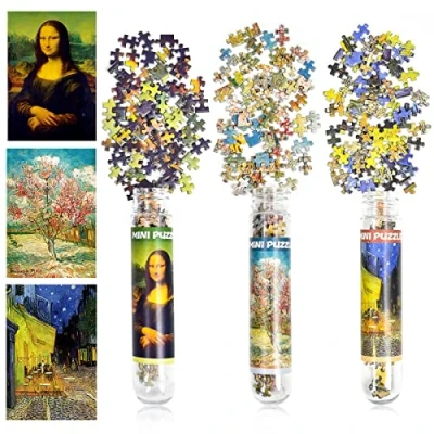 Image of 3 Pack Mini Jigsaw Puzzles 150 Pieces For Adults Small Puzzle 6 x 4 Inches Entertainment Toys Home Decor (Mona Lisa, Peach Tree, Cafe Terrace)