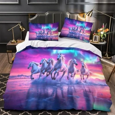 Image of ZYGAOKDD 3D Bedding Set Kids Horse Comforter Cover for Boys Teens Youth, Soft Microfiber Duvet 3 Pcs Bedspread with Zipper Single（140x200cm）