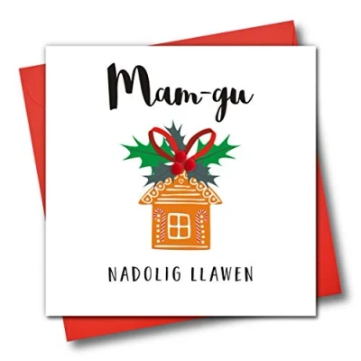 Image of Welsh Language Embellished Christmas Greeting Card, Mam Gu, Nadolig Llawen, Happy Grandma, Gingerbread House