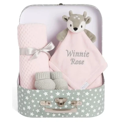 Image of Personalised New Baby Girl Gifts Set Pink Deer Fawn Hamper Shower Born Gift Basket Blanket Comforter Newborn Embroidered Suitcase