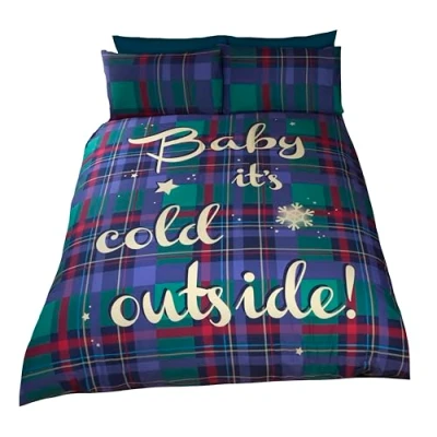 Image of Baby It&#039;s Cold Outside Tartan Checked Quilt Duvet Cover and 2 Pillowcase Bedding Bed Set, Blue, Double