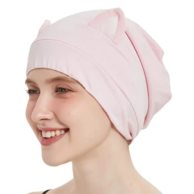 Image of Hat Hut Satin Bonnet Silk Hair Cover Sleep Cap for Curly Women Adjustable Lined Slouchy Beanie with Ears (Pink Cat Women)