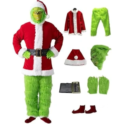 Image of 7 Pcs Santa Claus Costume Set, Including Mask Grinch Green Monster Suit for Adults, Christmas Party Cosplay Theme Party, Carnival L