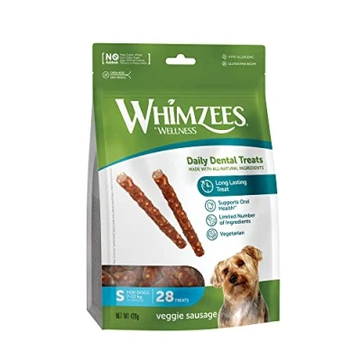 Image of WHIMZEES By Wellness Veggie Sausage, Natural and Grain Free Dog Chews, Dental Sticks for Small Breeds, 28 Pieces, Size S