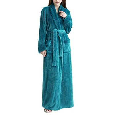 Image of Kinloy Ladies Fluffy Fleece Soft &amp; Cosy Dressing Gown Comfy Long Housecoats Terry Towelling Robe Lightweight Shaggy Luxury Full Length Bathrobe Nightwear, Blue, UK 12 16/Size XL