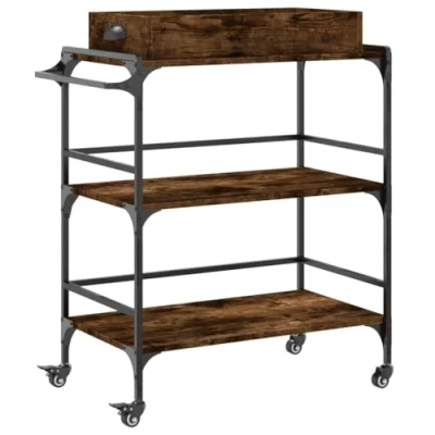 Image of vidaXL Kitchen Trolley in Smoked Oak Engineered Wood Storage Cart with Towel Rack, Lockable Wheels, and Ample Shelving, 81.5x41x92.5cm