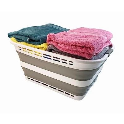 Image of SAMMART 42L Collapsible Plastic Laundry Hamper/Basket Foldable Storage Container/Organizer Portable Basket Easy Space Saving (White/Grey)