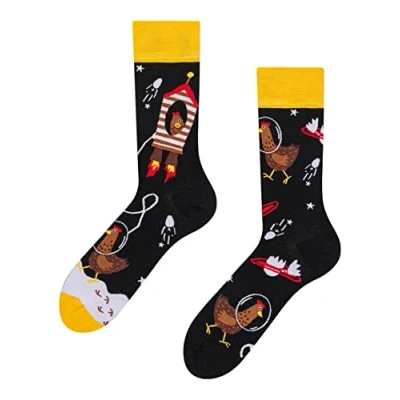 Image of Dedoles Unisex Socks for Women, Men &amp; Kids Cotton Funny Designs Football Bicycle Horses Plants Firefighter Gift Mismatched, Design: Space Chicken, Colour: Black, Size: 8 9.5 W / 9 11 M UK