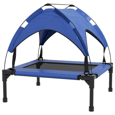 Image of PawHut Cooling Raised Dog Bed, Elevated Pet Bed with Breathable Mesh, UV Protection Canopy, Foot Pads, for Indoor Outdoor, Small, Medium Dogs, 76 x 61 69.5cm Dark Blue