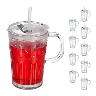 Image of Relaxdays Set of 10 Cups, Drinking Glasses with Lid &amp; Straw Handle, Vol. 450 ml, Transparent, 13 x 8.5 cm