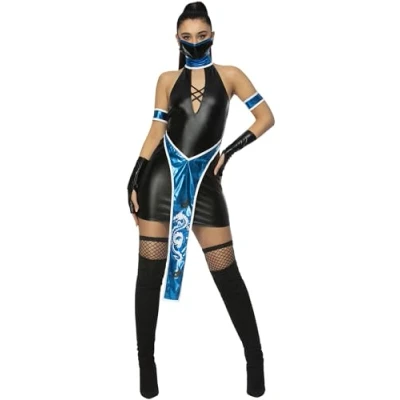 Image of Smiffys Fever Blue Ninja Costume Dress, Gloves, Mask &amp; Arm Cuffs, Fancy Dress Up Costumes