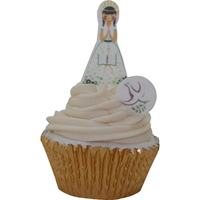 Image of First Holy Communion Pre Cut Edible Wafer Decorations Girl with Rosary &amp; Bible + Round Dove Toppers Pack of 12 Girls Doves 201 740