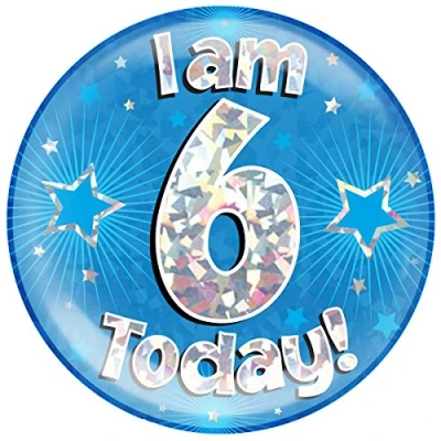 Image of OAKTREE UK 633384 6&quot; Jumbo Badge I am 6 Today Blue Holographic Cracked Ice