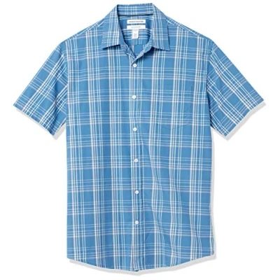 Image of Amazon Essentials Men&#039;s Regular Fit Short Sleeve Poplin Shirt, Aqua Blue Checked, L