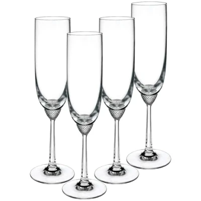 Image of Villeroy &amp; Boch Signature Octavie Champagne Flutes Set of 4, 160 ml, Made Nostalgic Crystal Glass with Pointed Stone Decor Below the Dome 225 mm, Clear, Dishwasher Safe