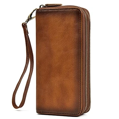 Image of LUUFAN Men&#039;s Genuine Leather Clutch Bag Double Zipper Purse 4 Interlayer Zip Around Wallet (Brown 4)