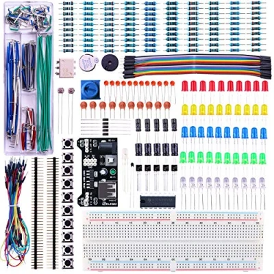 Image of ELEGOO Upgraded Electronics Fun Kit w/Power Supply Module, Jumper Wire, Precision Potentiometer, 830 tie points Breadboard for Arduino UNO R3, MEGA, Raspberry Pi, STM32, Datesheet Available