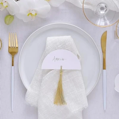Image of Ginger Ray White Textured Place Card Holders with Gold Tassels Wedding Table Decorations 6 Pack