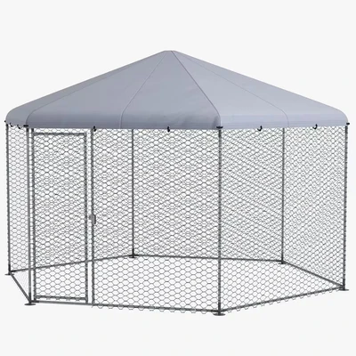 Image of PawHut Walk In Chicken Run, Poultry Cage, Galvanised Outdoor Coop w/Cover, for 10 15 Chickens, Hens, Rabbits, Ducks, 4 x 3.5 2.6m Silver Tone
