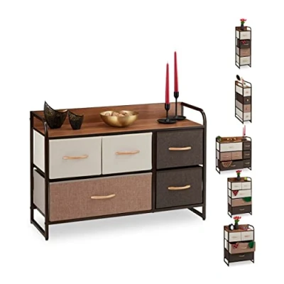 Image of Relaxdays Dresser, 5 Drawer Compartments, with Shelf, Folding Baskets, Fabric, Steel Frame, 58x87.5x31.5 cm, Brown