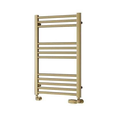 Image of Reina Straight Heated Towel Rail Modern Ottone Wall Mounted Radiator, Flat Central Heating Steel Ladder Brushed Brass Finish Bathroom Accessories Stratight Bath Rack 600mm x 800mm