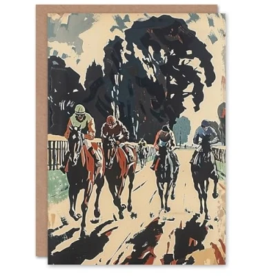 Image of Artery8 Horse Racing Scene Modern Artwork Jockeys Bold Greeting Birthday Card Him Her All Blank