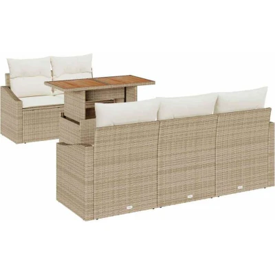 Image of vidaXL 6 Piece Garden Dining Set with Cushions Beige Poly Rattan Acacia
