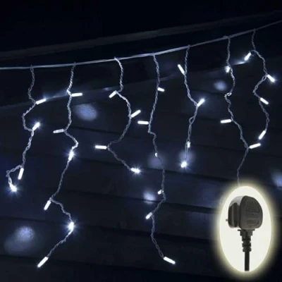 Image of Qbis Icicle Lights, Commercial Outdoor Christmas Lights. Connectable Lights Mains Powered, Cold White Static + Twinkling, Strong Rubber Cable, 3m, Join up to 20 Sets (Includes Plug)